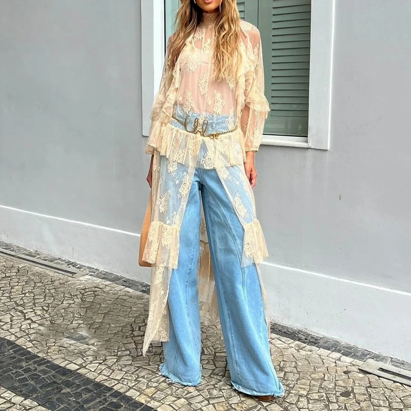 Robe plumeau en dentelle florale transparente pour femmes, manches longues, maille transparente, à volants, couches, haut fluide, fendue sur le devant