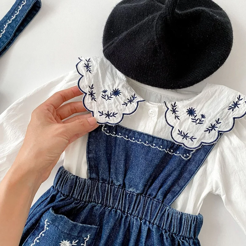 2024 New Baby Girl Clothes 0-3Years Kids Long Sleeve Embroidery Shirt Tops Denim Romper Elastic Waist Jeans Jumpsuit Overalls