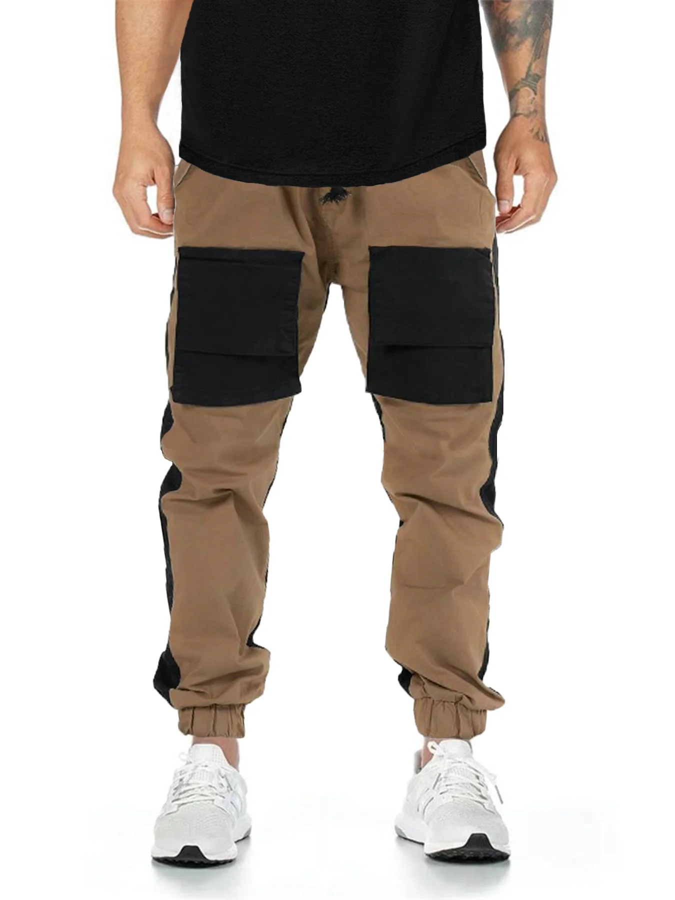 Men's spring and autumn woven non-elastic multi-pocket cargo pants elastic waist with drawstring foot mouth rubber band closure