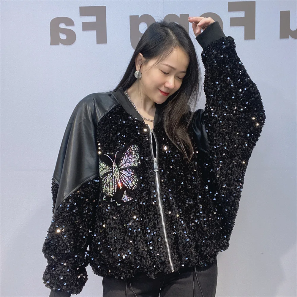 PU Patchwork Sequins Bat Sleeve Jacket Coat Woman 2026 Autumn Casual Butterfly Pattern Zipper Oversized Outwears Bust120cm Tops