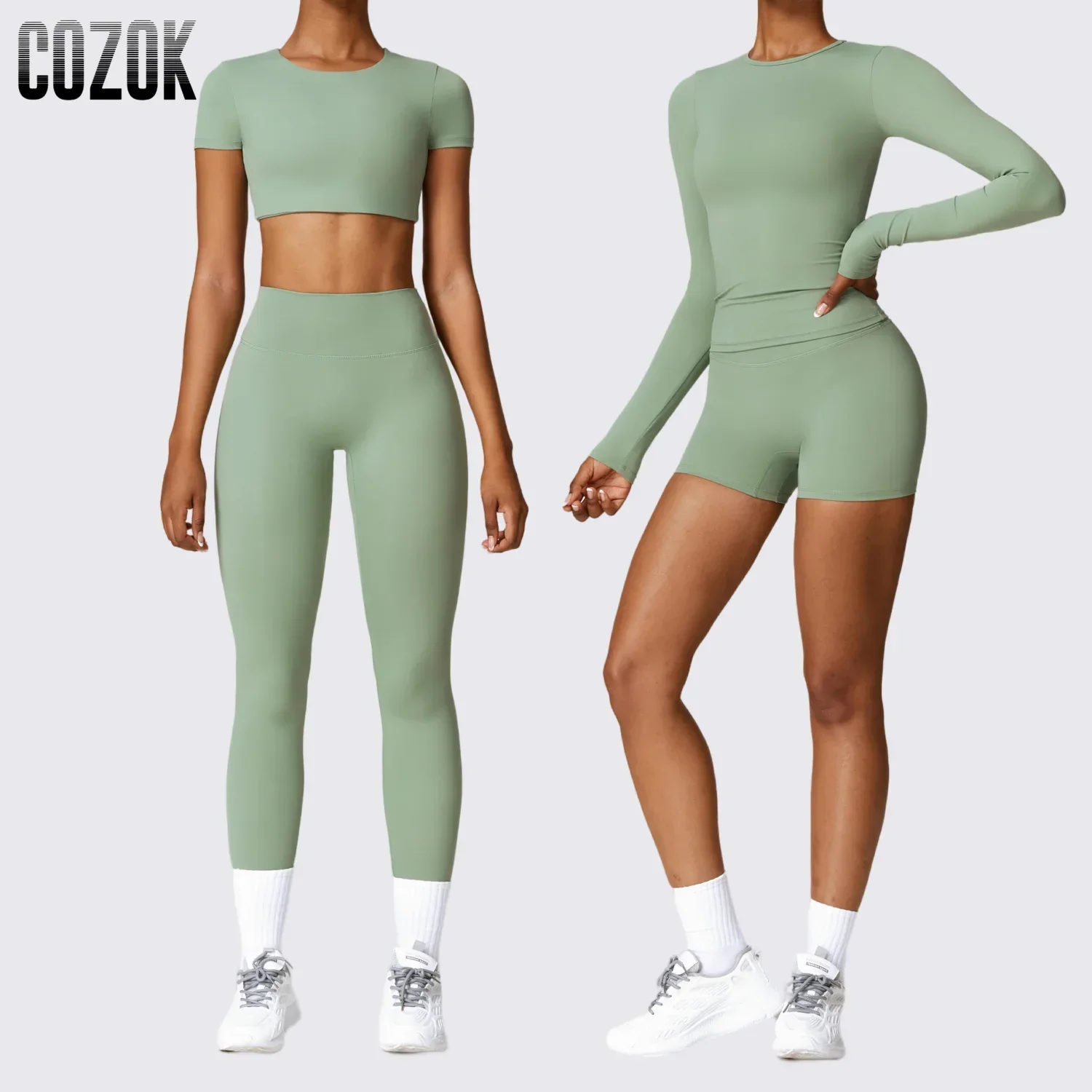 2PCS Seamless Gym Set Women Workout Set Sportswear Yoga Clothing Fitness Long Sleeve Crop Tops High Waist Leggings Yoga Shorts