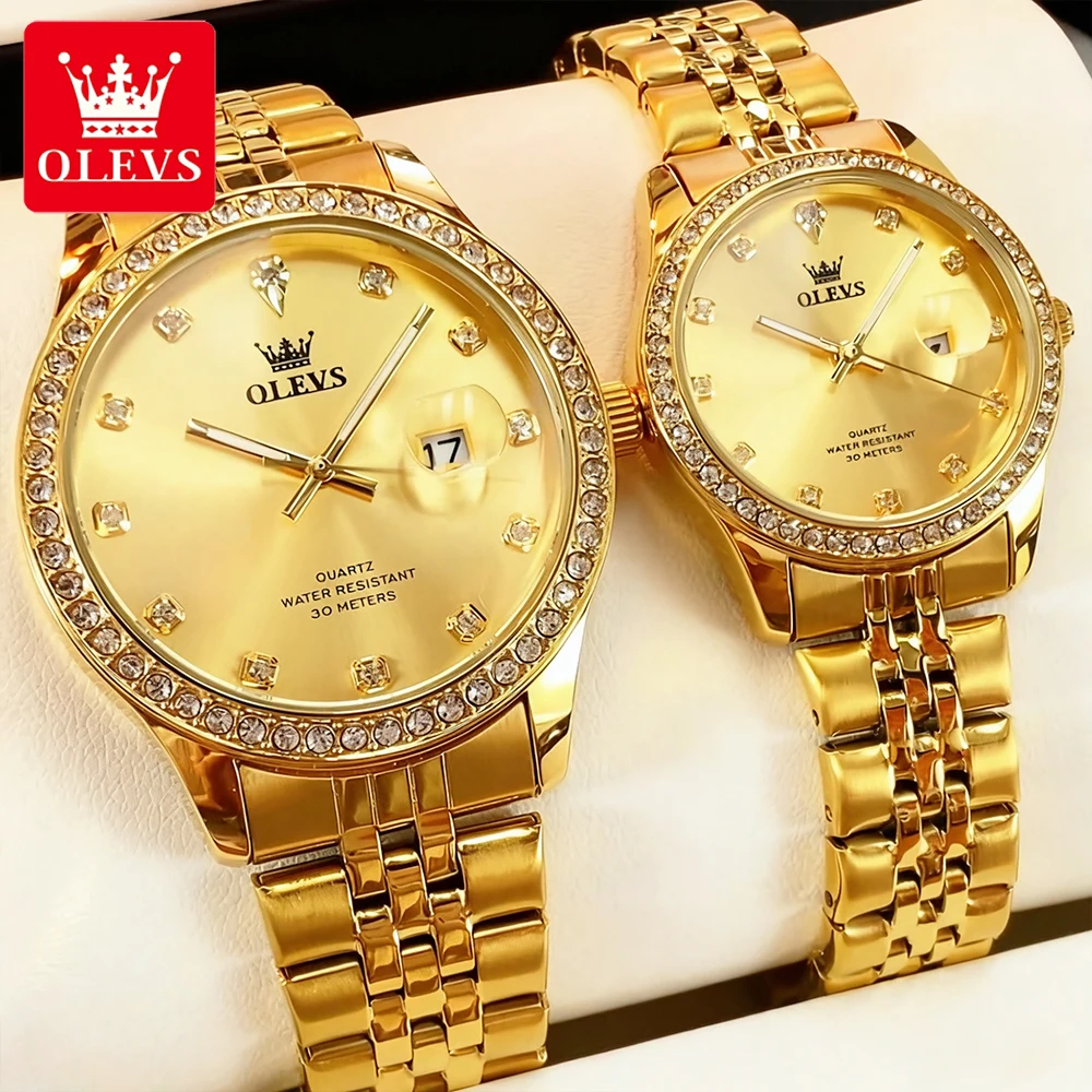 OLEVS Couple Watches Luxury Fashion Gold Stainless Steel Original Brand Quartz Wristwatch for Lover Big Date Man and Woman Watch