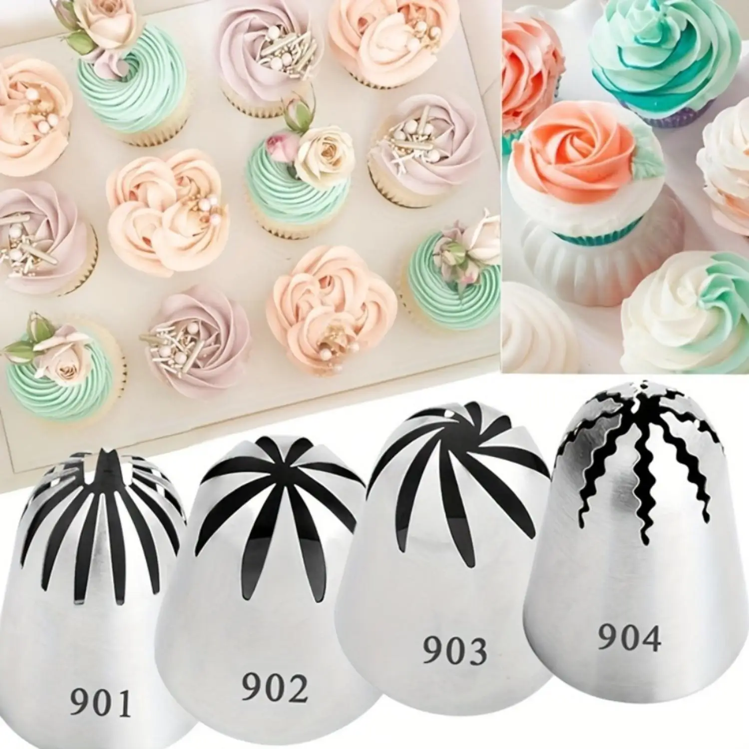 

Professional & Easy Dessert Decoration: 4pc Stainless Steel Piping Tips for Cupcakes, Cookies