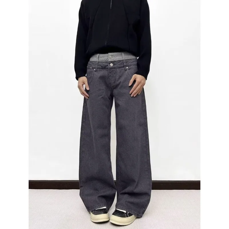 Women's Double Waist Splicing Design Wide Leg Jeans Spring Unisex Street Casual Denim Pants Female Straight Personality Trousers