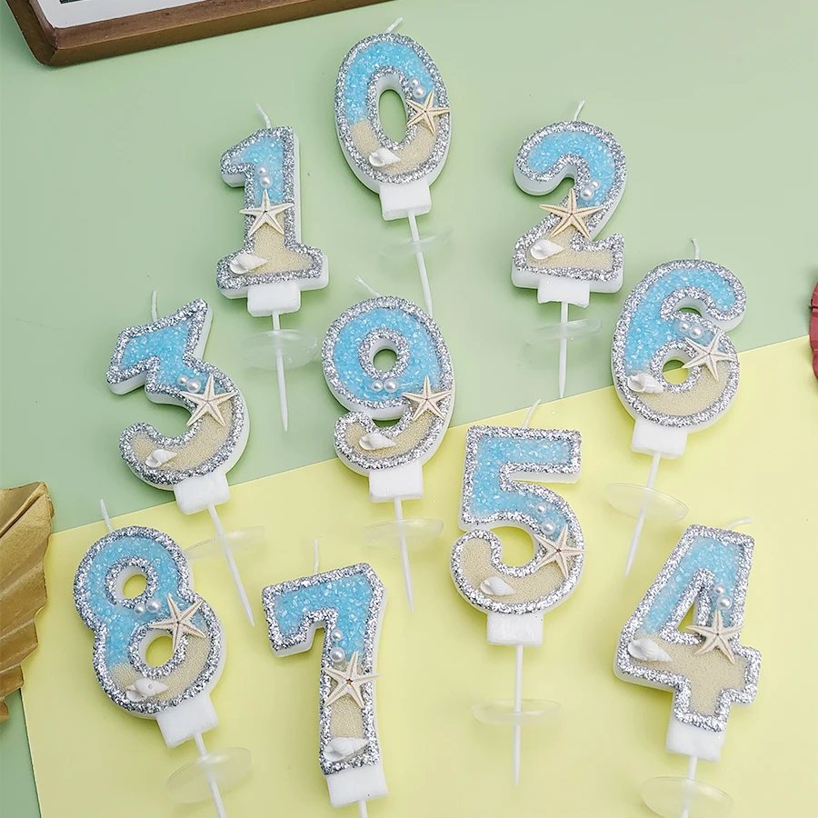 Blaue Seestern-Kuchenkerze im Ozean-Thema mit Zahlenkerzen 0-9 für Jungenpartys, auch als digitale Kerze – Detail 2