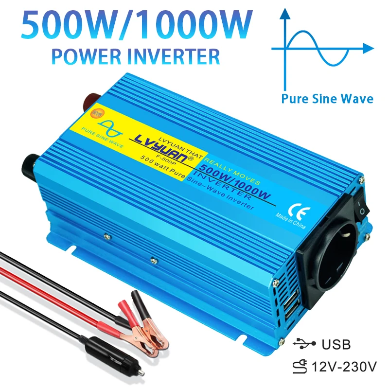 

Pure Sine Wave DC 12V TO 230V 1000W/1200W/2000W Car Plug Inverter Adapter Power Converter With 4.2A Dual USB Charging EU Socket