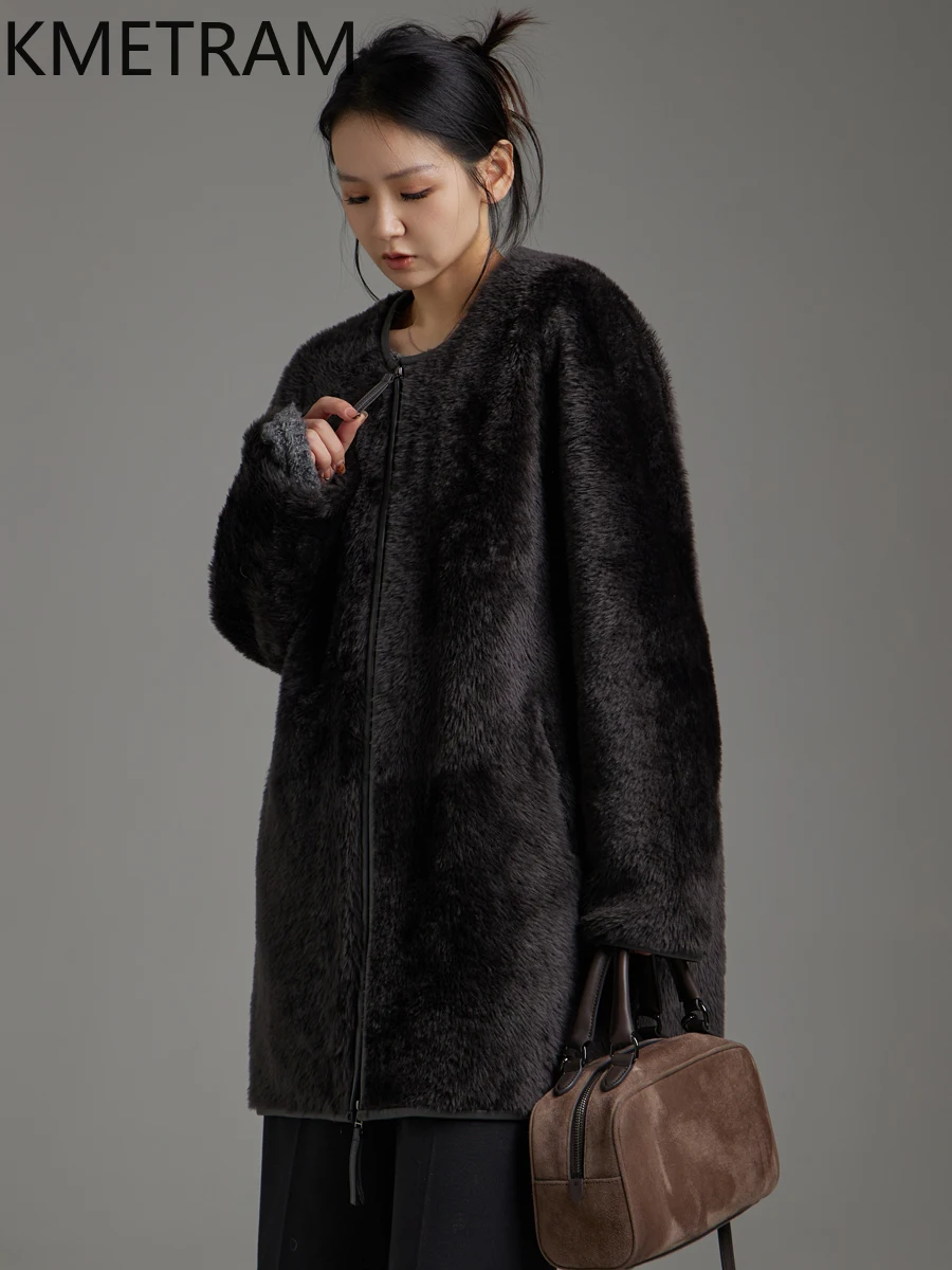 KMETRAM 100% Merino Wool Sheepskin Fur Coat Office Lady Woman Clothing Real Fur Grey Jacket Winter Jcaket 2025 fourrures femmes