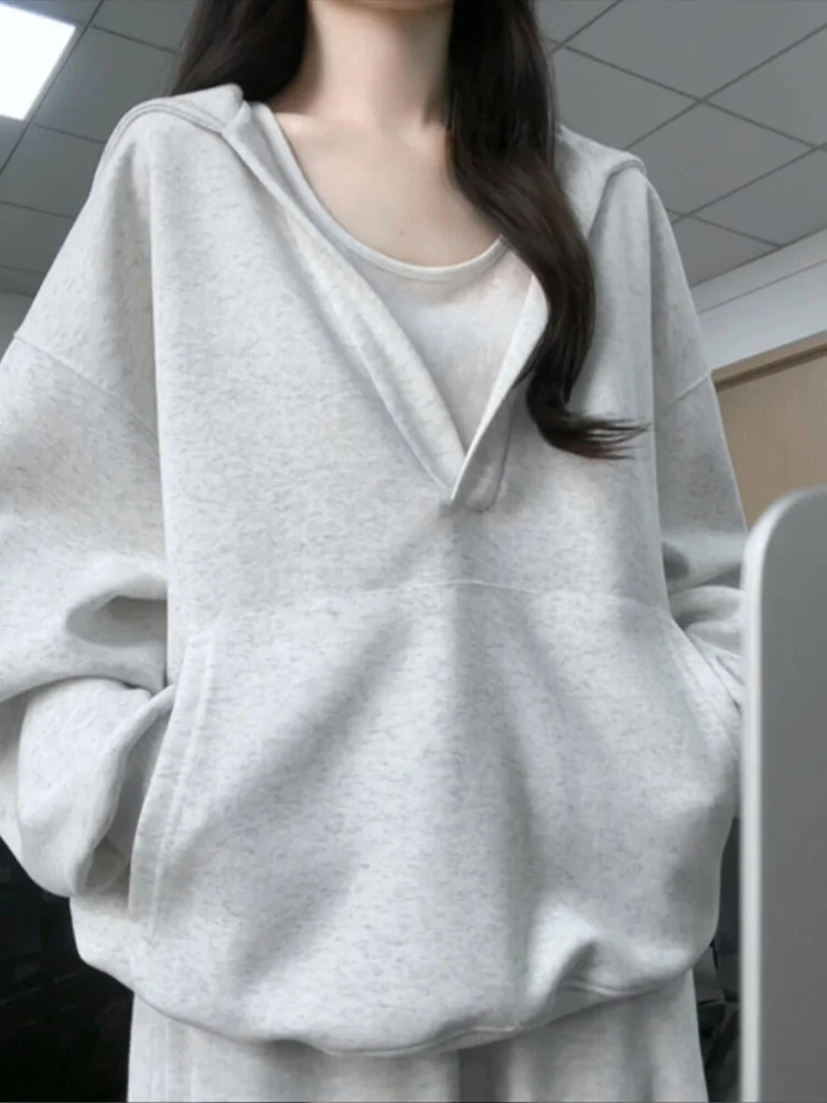 

Мужская толстовка оверсайз с V-образным вырезом, свободного кроя, для пар, из плотного хлопка, повседневная, длинный рукав