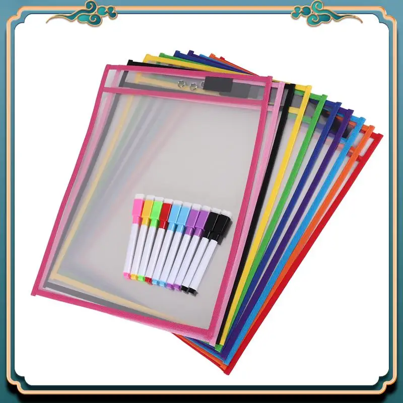 (新品)-ドライイレースポケットスリーブ、(10パック) A4用紙ジョブチケットホルダー、教室用ワークシート用の再利用可能なドライイレースシート