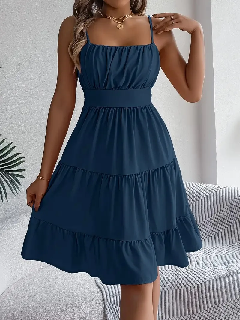 

Women's Solid Color Spaghetti Strap Tiered Beach Dress Square Neck Ruched Bust A Line Casual Summer Dresses