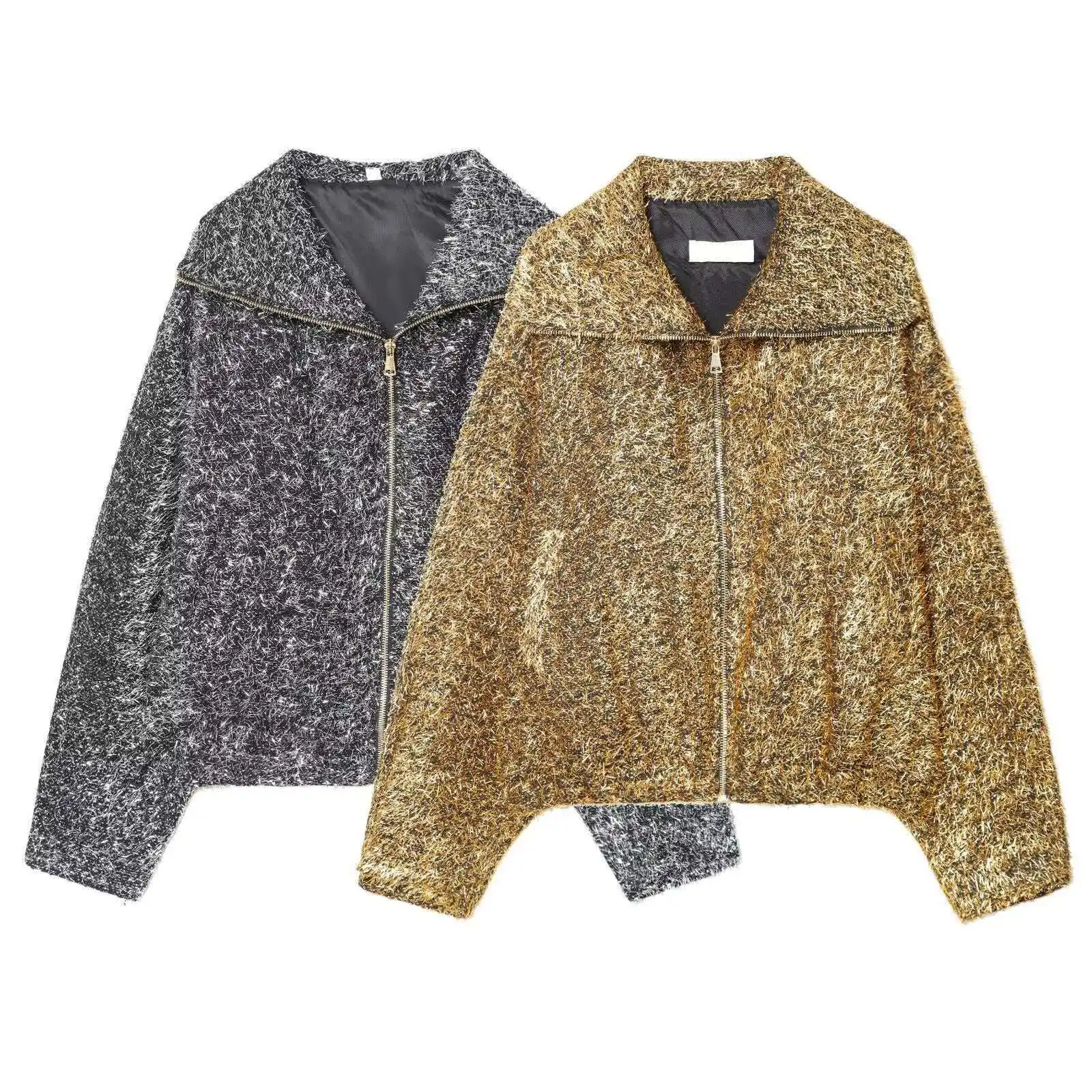 

Autumn Winter Women Metallic Thread Jacket Casual High Neck Long Sleeve Women's Warm Coat Female Zipper Chic Jacket Tops