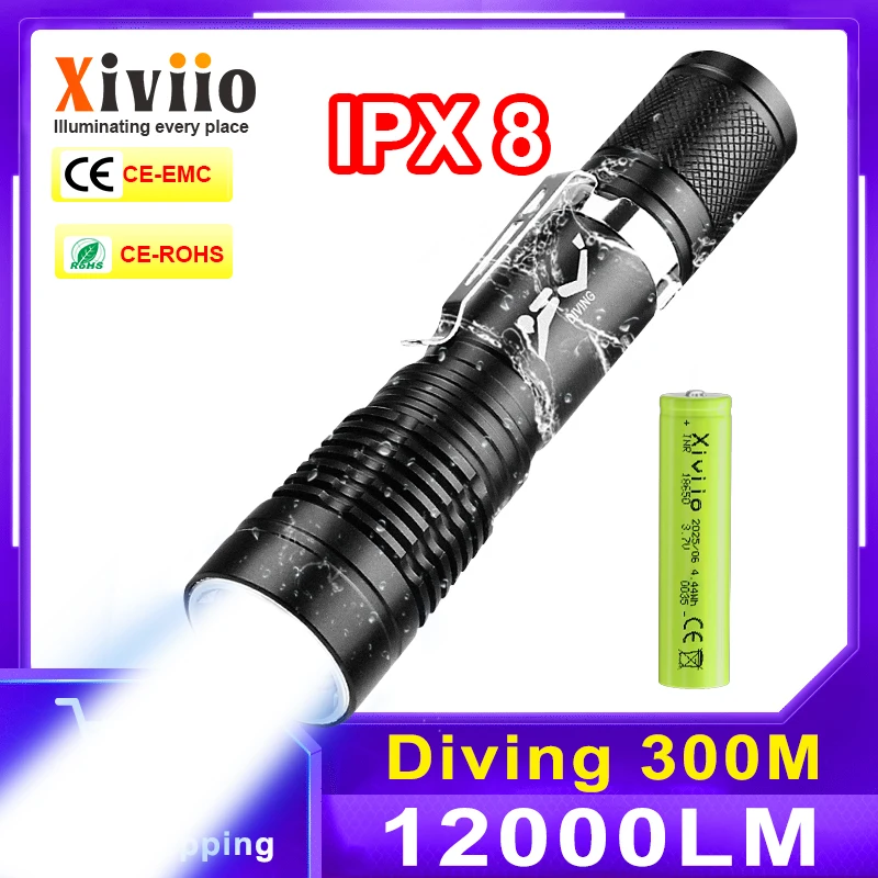 Xiviio IPX8 XHP50 Waterproof Powerful LED Diving Flashlight 300M Diving Torch Diving Lamp Underwater Lantern Fishing Hunting