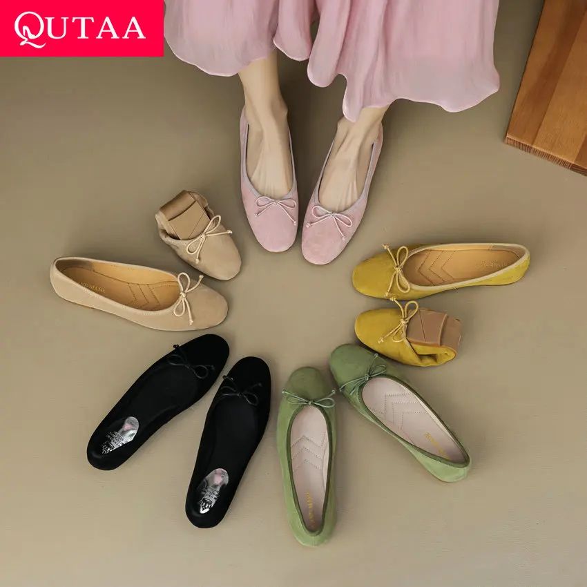 

QUTAA 2024 Women Flats Heel Genuine Leather Butterfly-Knot Elegant Pink Shoes Woman Spring Summer Casual Size 34-43