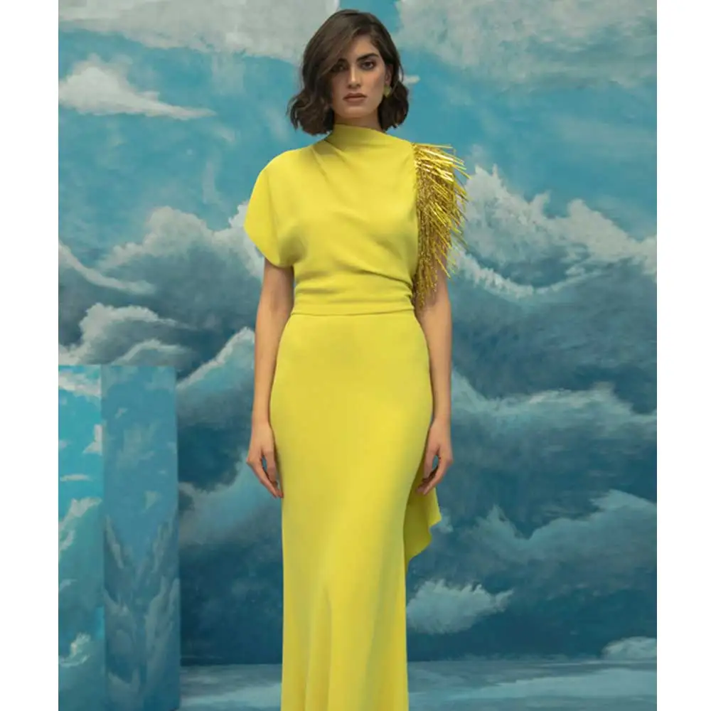 YUMDI Yellow Tassel Single Rotator Sleeve Cocktail Ball Gown Saudi Arabian Ladies Special Occasion Formal Dress 2023 Candy Color