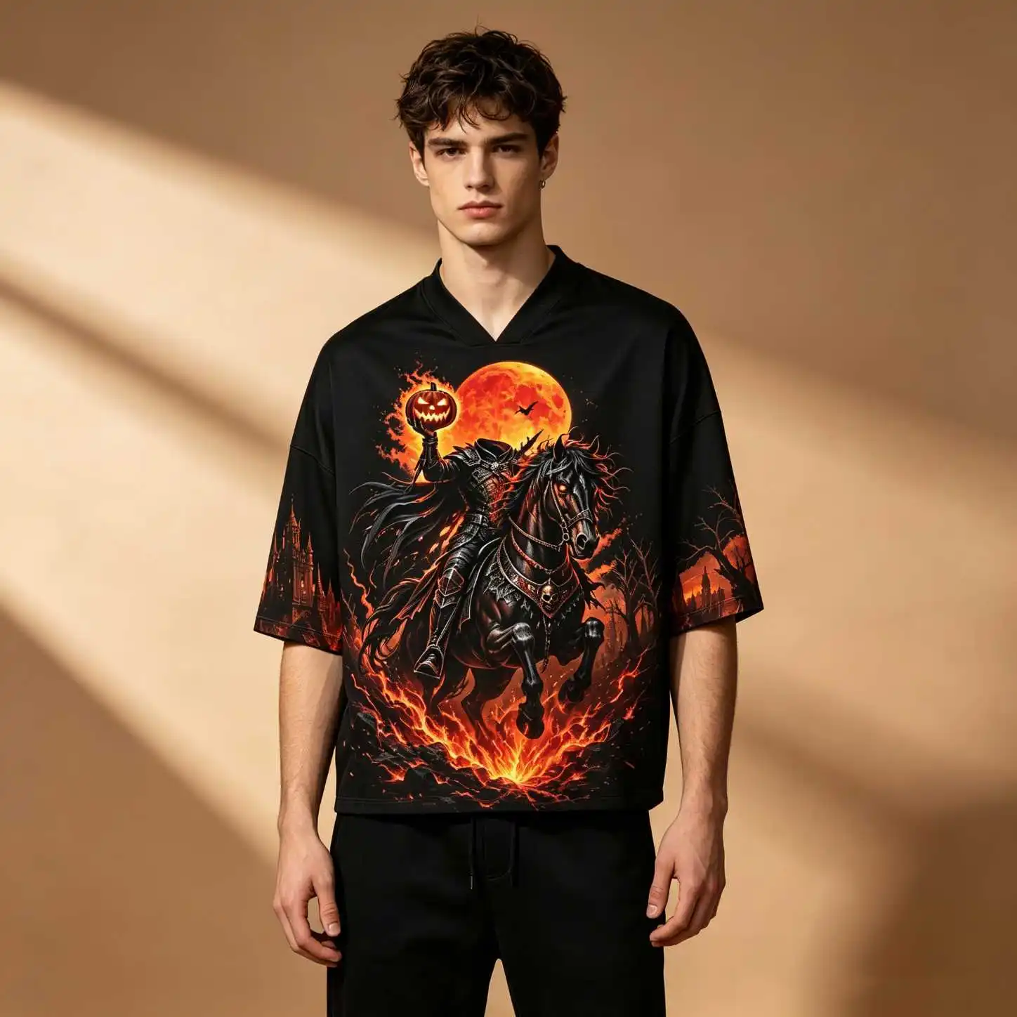 Gothic Fall Headless Horseman Pumpkin Flame Print Men Oversize V Neck Elbow Sleeve Tee, Halloween Casual Loose Tops