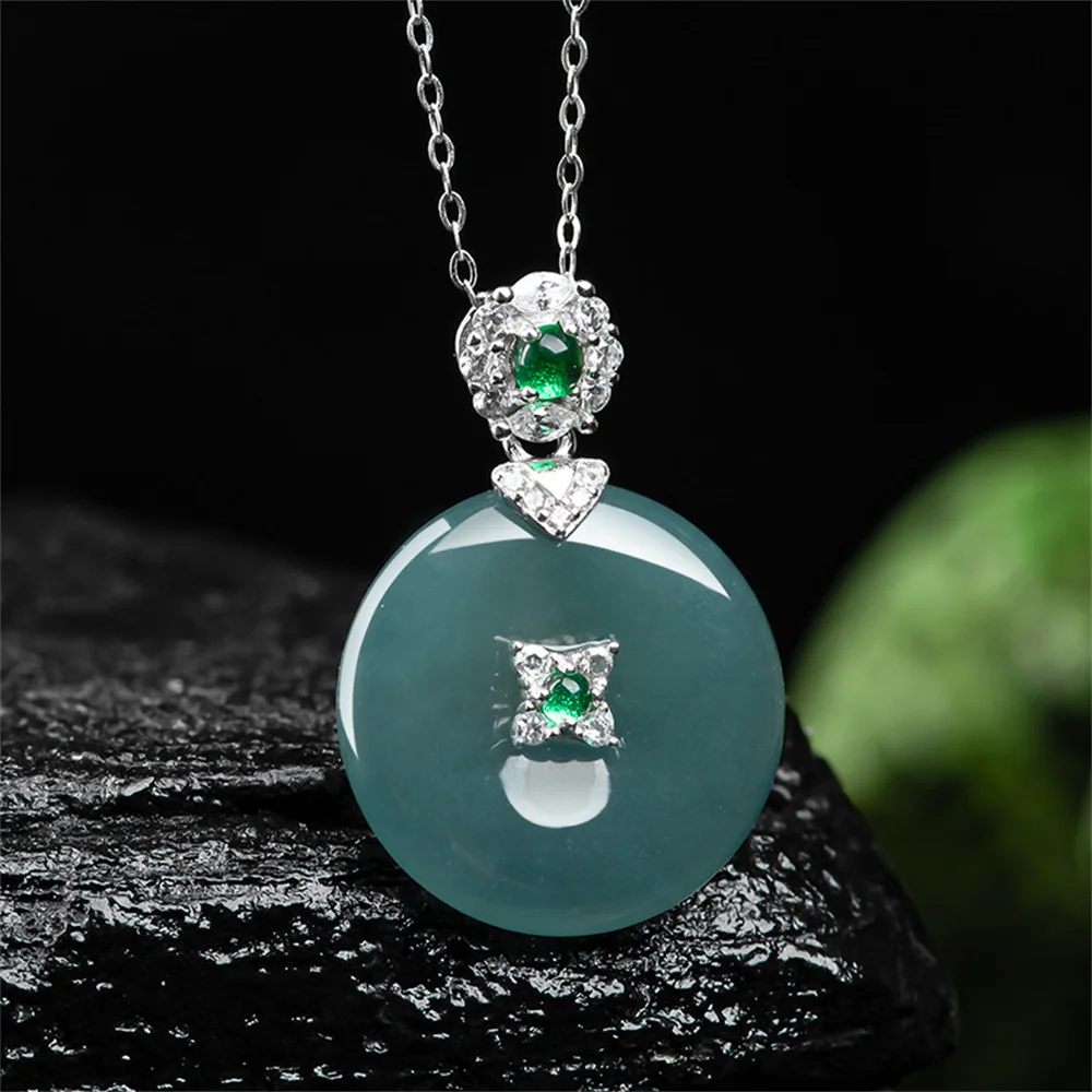 925 Silver Natural Ice Green Jadeite Carved Round Harmony Lucky Pendant Amulet Chain Necklace Certificate Luxury Jade Jewelry