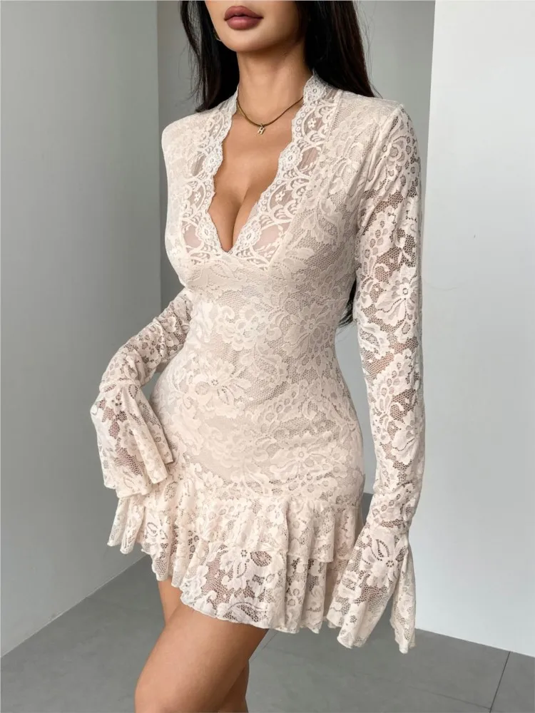 

Dress 2025 Woman V Neck Low Cut Trendy Hollow Out Solid Color Lace Bodycon Wrap Hip Temperament Elegant Casual Intellect Trendy
