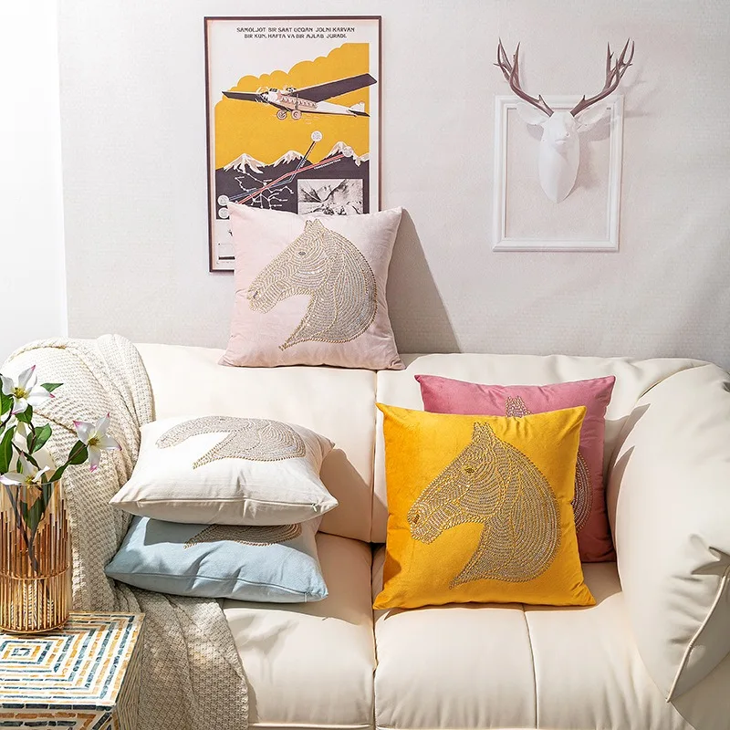 

European Cushion Velvet Rhinestone Horse Head Wrapped Fringe Sofa Lumbar Pillow, Bedroom Headboard Pillow 45x45cm