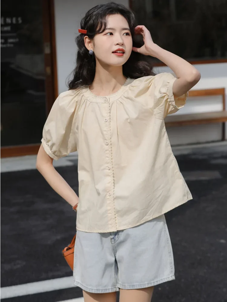 Camisas femininas manga bufante diário feminino bonito estudantes simples rendas designer solto verão all-match o-pescoço estilo coreano confortável