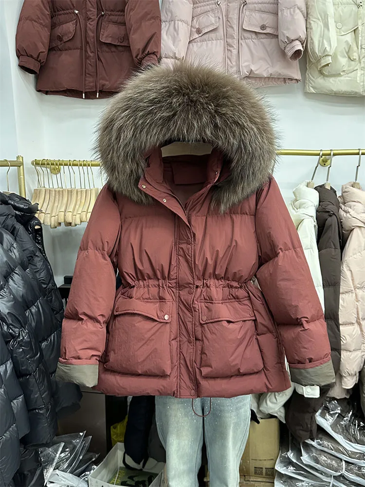 

2025 new color blocked down jacket women's short hooded Korean version white duck down bread jacket warm jacket trend