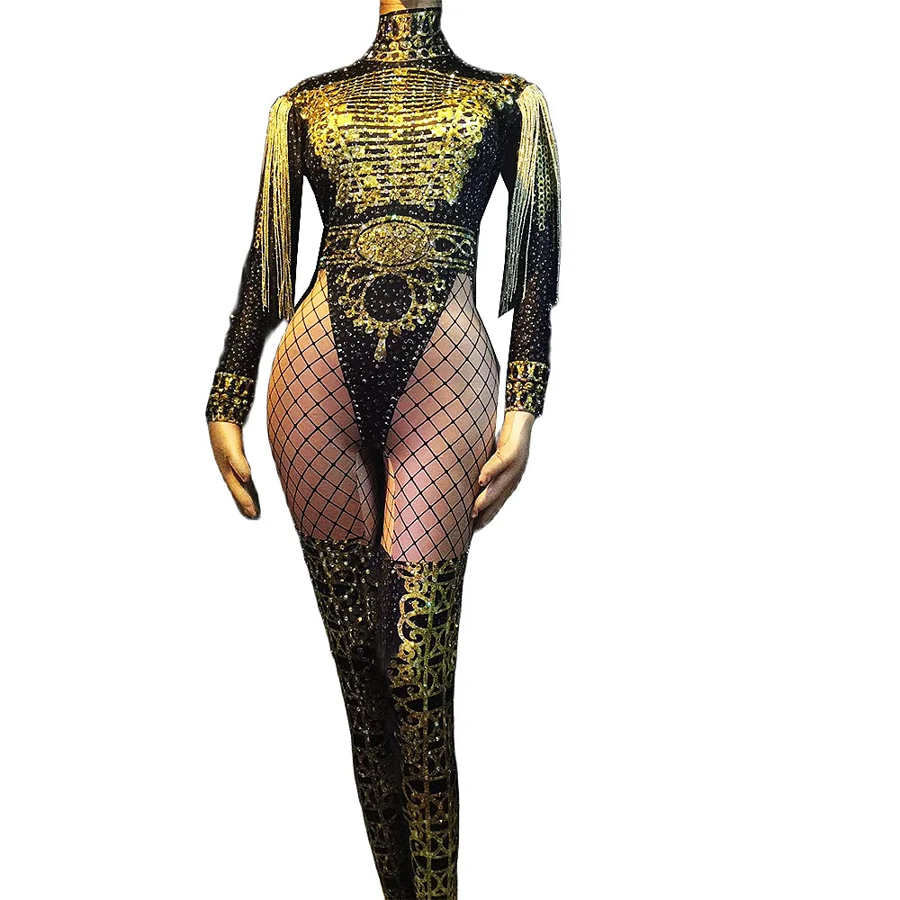 

Shining Sequin Diamonds Women Jumpsuits Gold Tassel Long Sleeve Singer Stage Leotard Rave Festival Drag Queen Costumes