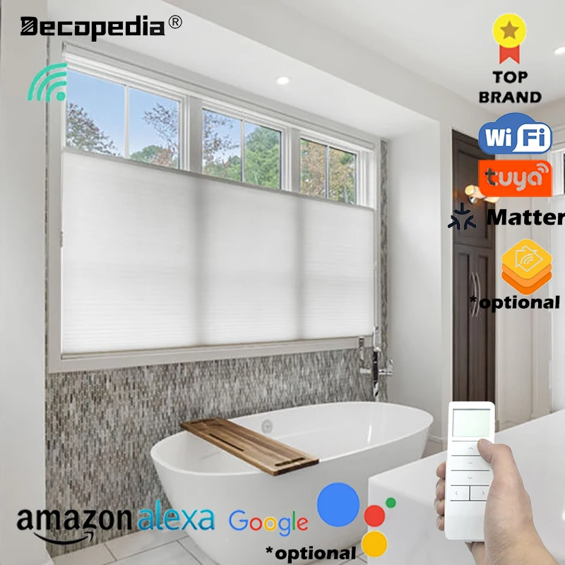 

Decopedia Motorized Top Down Bottom Up Cellular Shades Blackout Smart Honeycomb Blinds for Windows Google Alexa Compatible