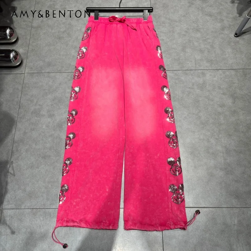 

Heavy Industry Diamond Drills Cartoon Sweatpants Thin Elastic Waist Casual Sports Trousers Autumn New Y2k Rose Red Black Slacks