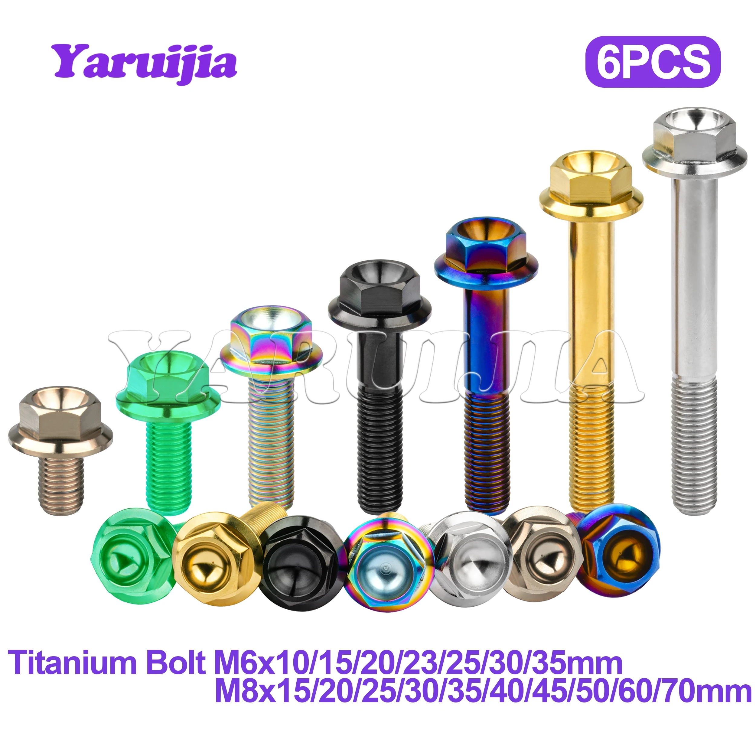 Yaruijia Titanium Bolt M6/M8/M10x10~100mm DIN6921 Ti Flange Hex Bolt Screws for Motorcycle Modification Disc Brake Bolt 6pcs