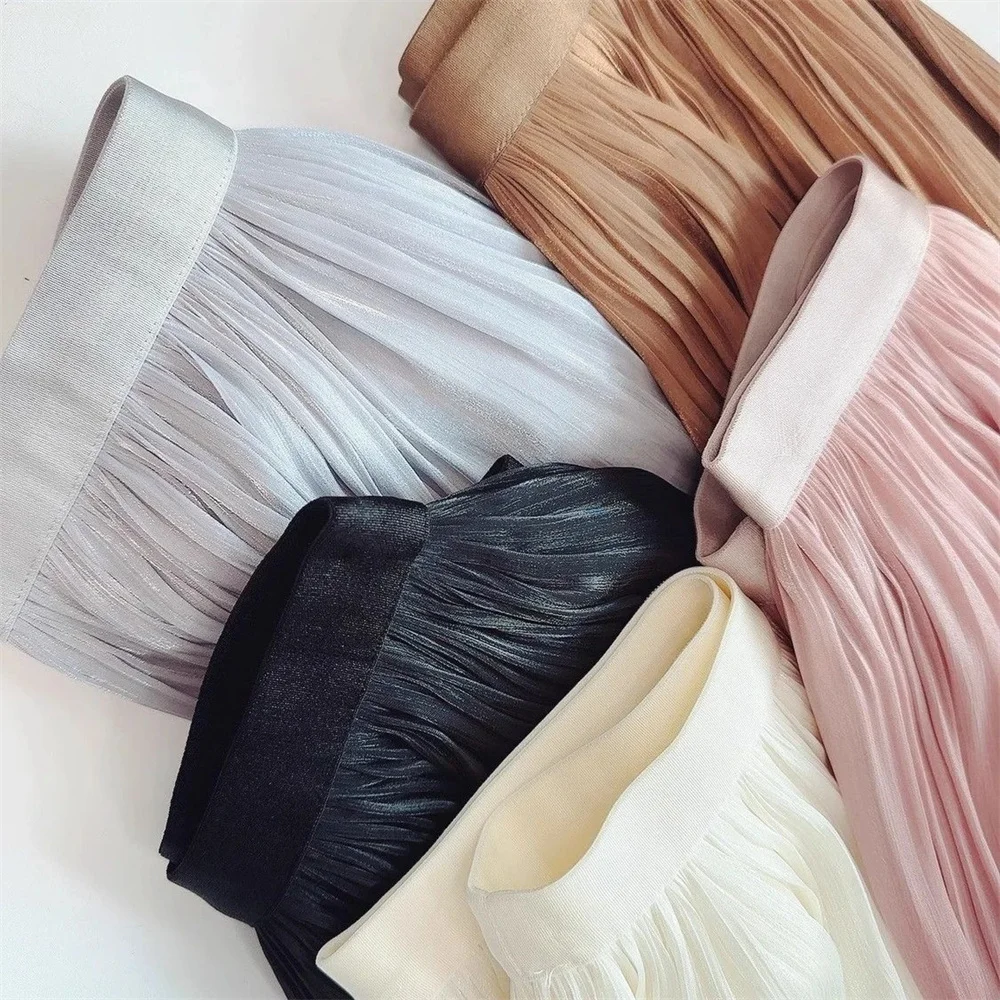 Summer Silky Pleated Skirt Elastic High Waist Glossy Silky Long Skirt Milk Silk A-Line Skirts Women Beach Pearlescent Dress