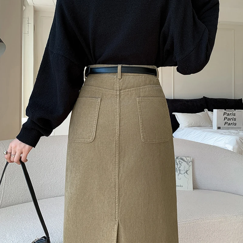 Winter Corduroy Women\'s Long Skirt Woman Vintage High Waist Wrap Cargo Bodycon Skirts With Belt A-line Black Brown Faldas Largas