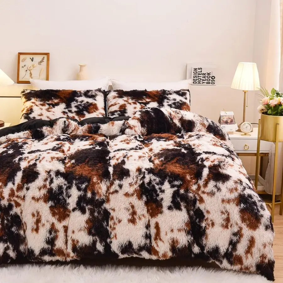 

Cow Print Duvet Cover Shaggy Fluffy Tie Dye Brown Black Velvet Bedding Set Super Soft Faux Fur Fuzzy Comforter Cover with Pillow
