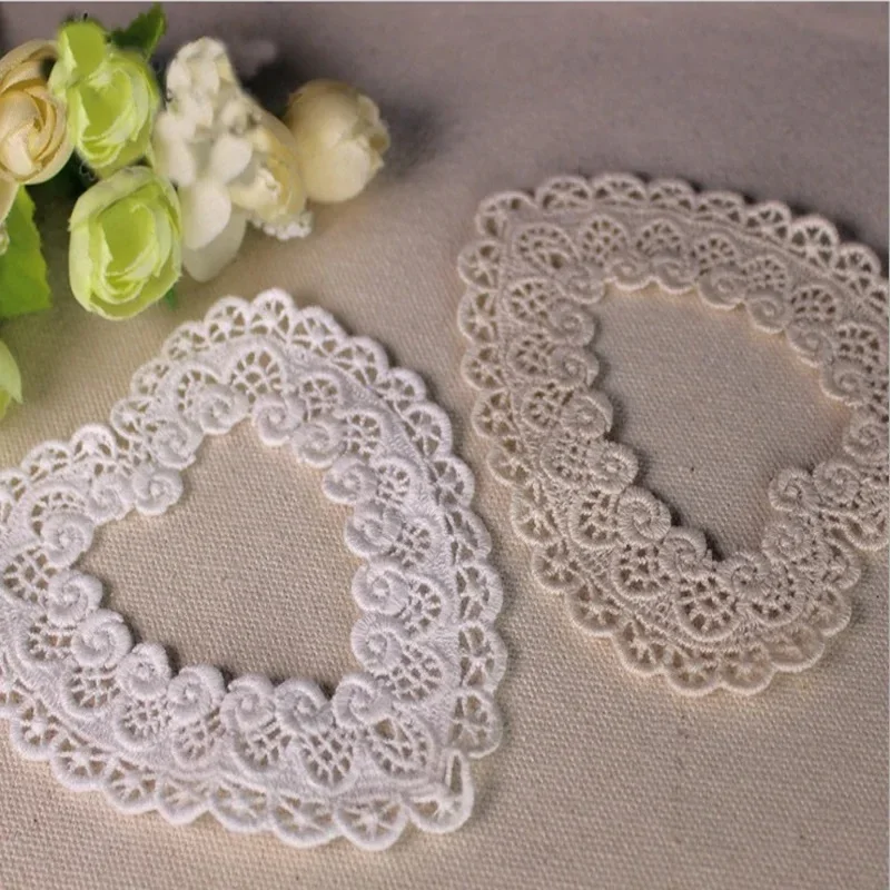 Handmade Lace Appliques Trims, 100% Cotton, Heart Shape, Beige, White, Hollow Embroidery, DIY, 5Pcs, Lot