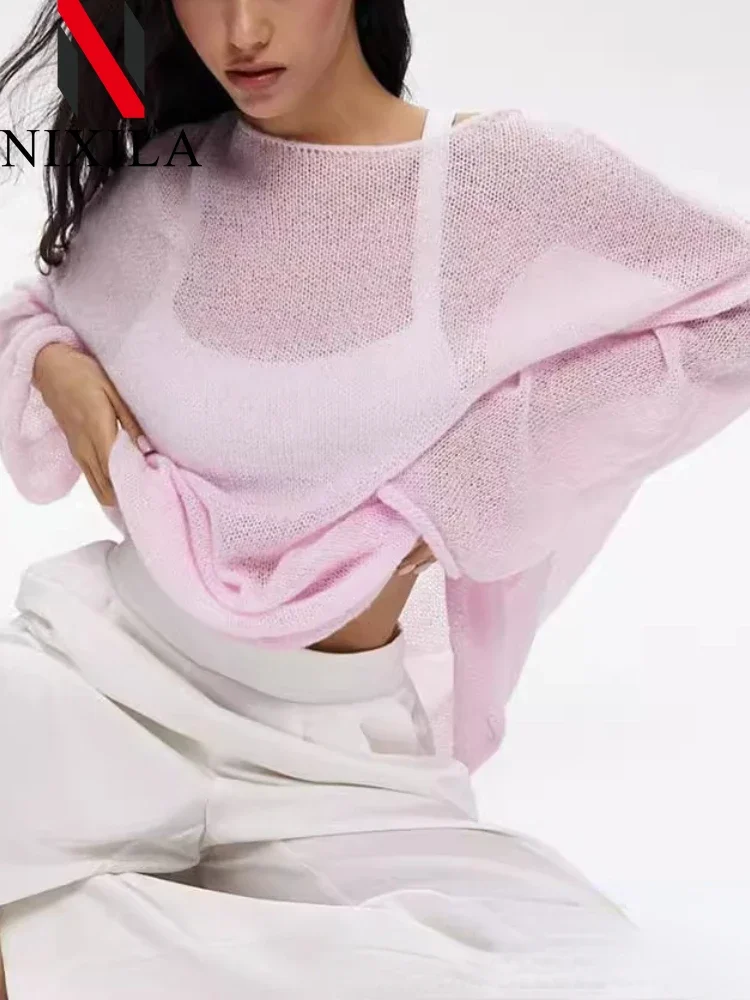 

Свитер женский трикотажный в стиле оверсайз, прозрачный винтажный Топ с длинным рукавом, свободные пуловеры, базовая пикантная футболка, на лето