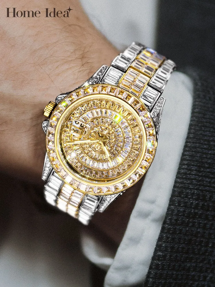 Luxury Zircon Square Diamond Business Party Mens Wristwatch Designer Classic Round Quartz Watch