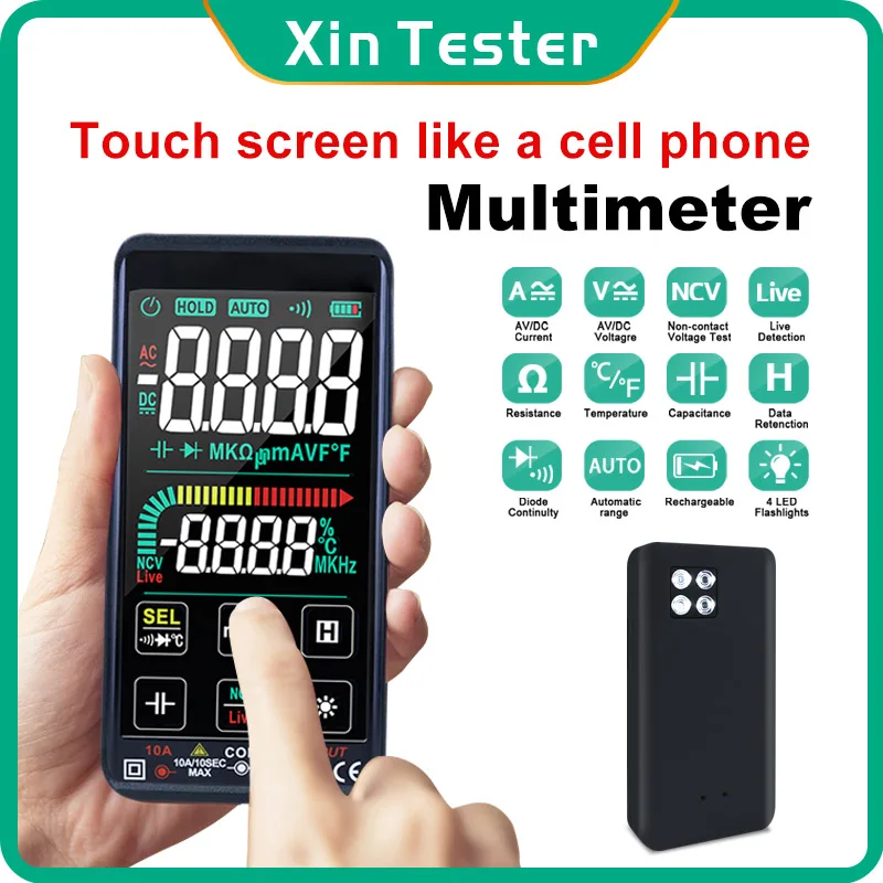 Xin Tester Touch Screen Digital Multimeter 820T AC DC Voltmeter Amp Ohm Resistance Capacitance Tester NCV +Rechargeable Battery