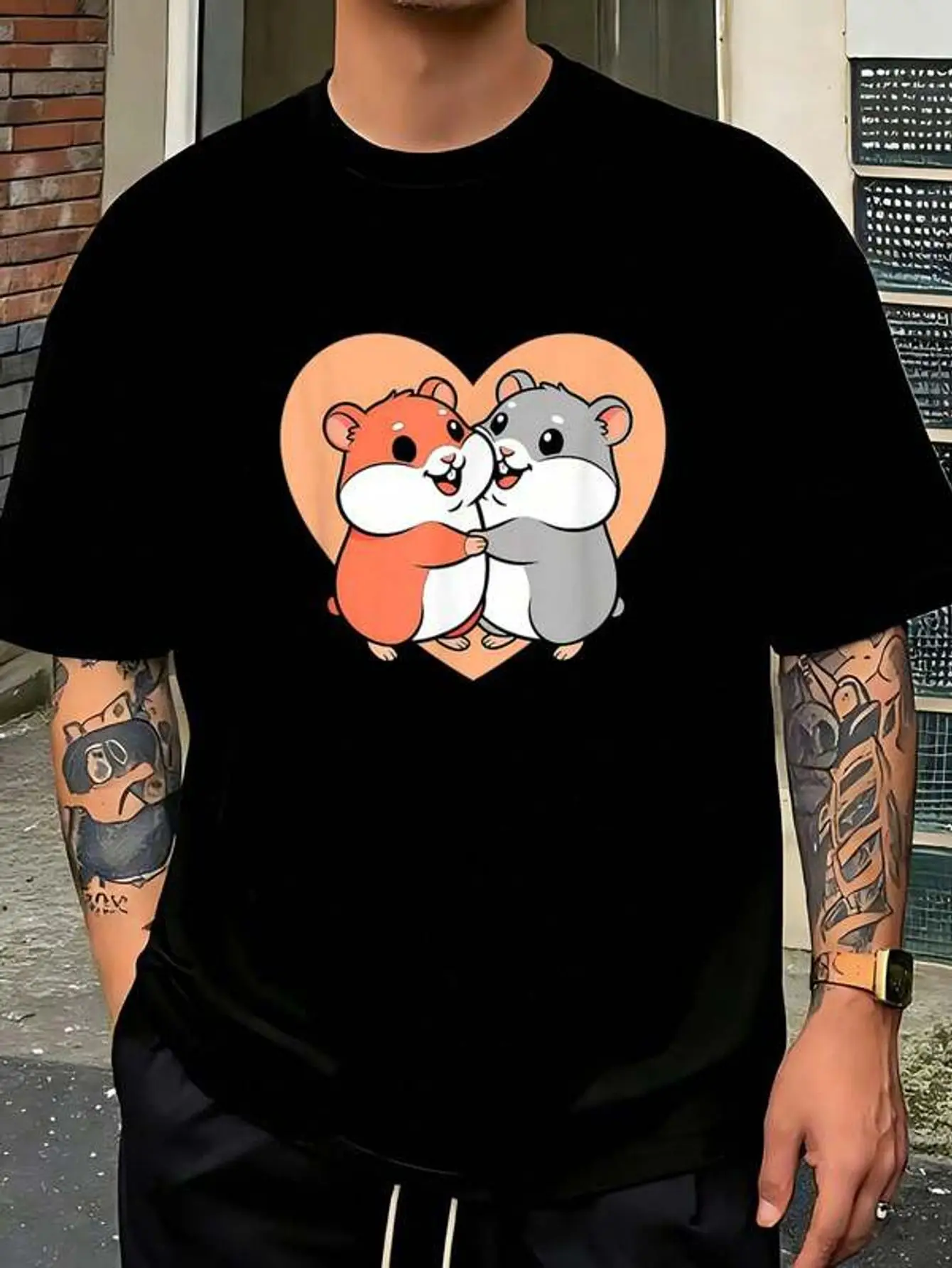 Cute Hugging Hamsters Love Heart Valentine's Day Animal-Shirt       Jpg  Camisas Para Hombre Men's-Shirt Graphic Tees  Crop Tops  Outfits   Tops-Shirt