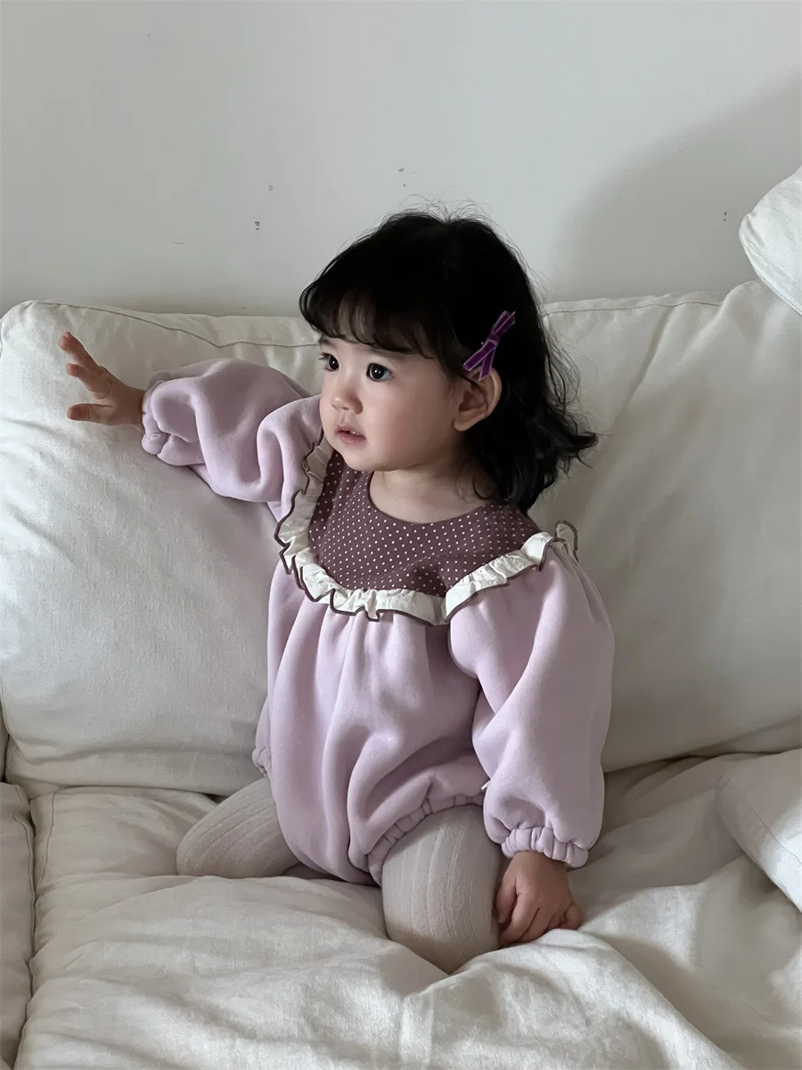 2024 Winter New Baby Girl Cute Dot Lace Collar Bodysuit Plus Velvet Thick Infant Clothes Newborn Toddler Fleece Warm Jumpsuit