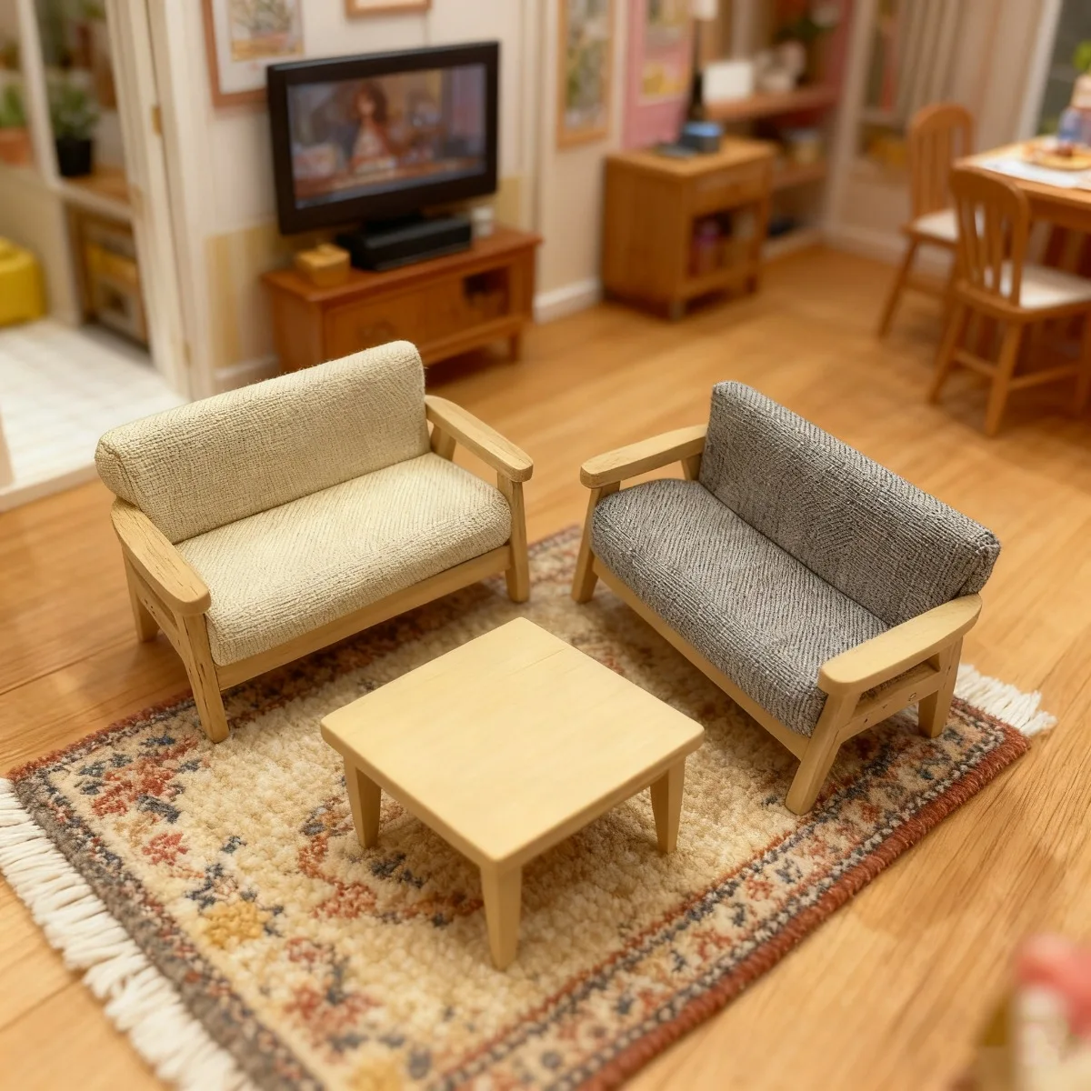 1Pc 1:12 Dollhouse Miniature Wooden Double Sofa, Linen Fabric Couch, 4 Colors Optional, Dollhouse Living Room Furniture Decor