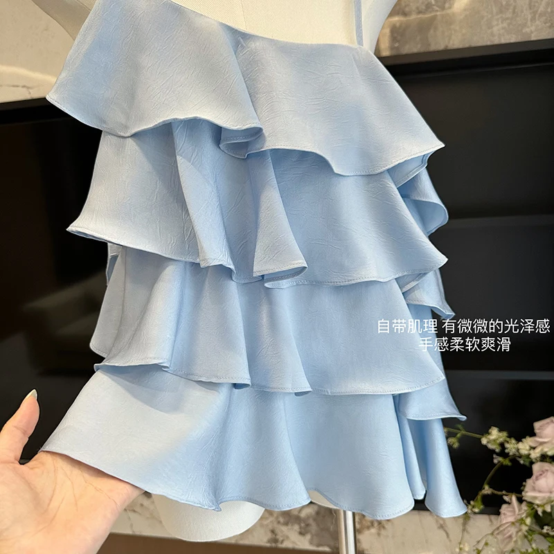 LUZHEN Fashion Multi Layered Ruched Design Plain Slip Tops Women's 2024 New Solid Color Long Casual Skirt Two-piece Sets AA1412