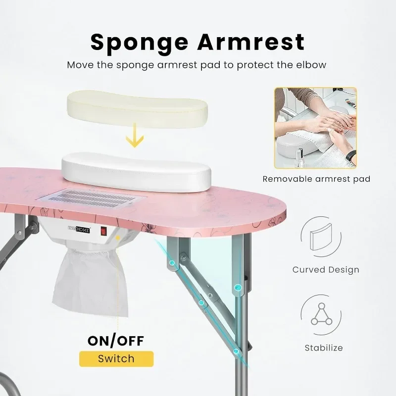 Portable Manicure Nail Table on Wheels with Built-in Dust Collector, Updated USB-Plug LED Table Lamp, Carry Bag for Home Spa