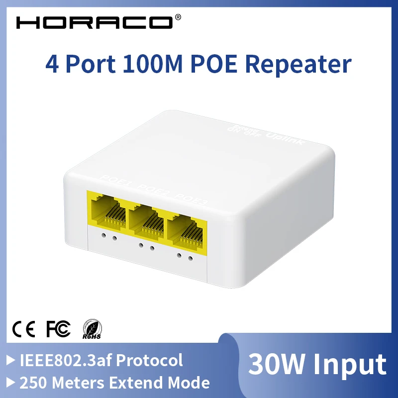 HORACO 3 Port 100M POE Extender 100M Network Switch Repeater IEEE802.3af/at Plug&Play for PoE Switch NVR IP Camera AP