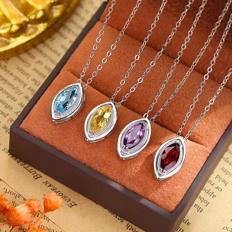 Chinese Style Lucky Blessing S925 Sterling Silver Marquise Water Drop Clavicle Necklace Natural Topaz Garnet Crystal Pendant For