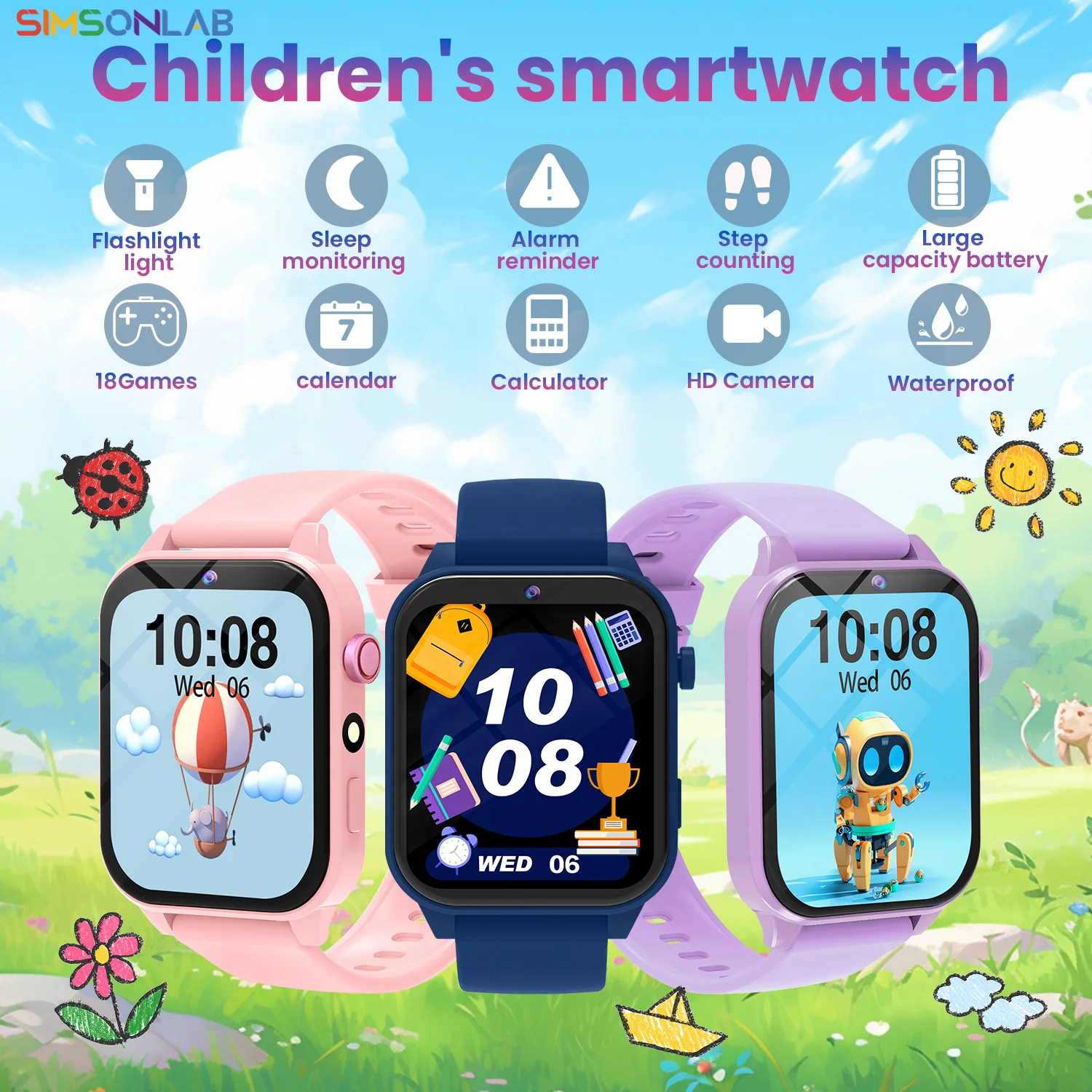 

SIMSONLAB New Camera Smart Watch For Kids Games HD Touch Screen Sleep Monitor Flashlight Alarm Clock Partner Birthday Gift Boy