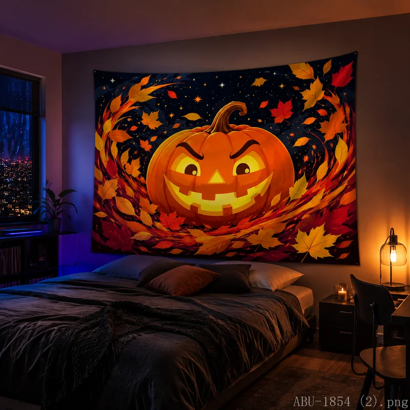VIKAMA Spooky Halloween Wall Tapestry Glowing Pumpkin Night Storm Art for Home Party Halloween Decor