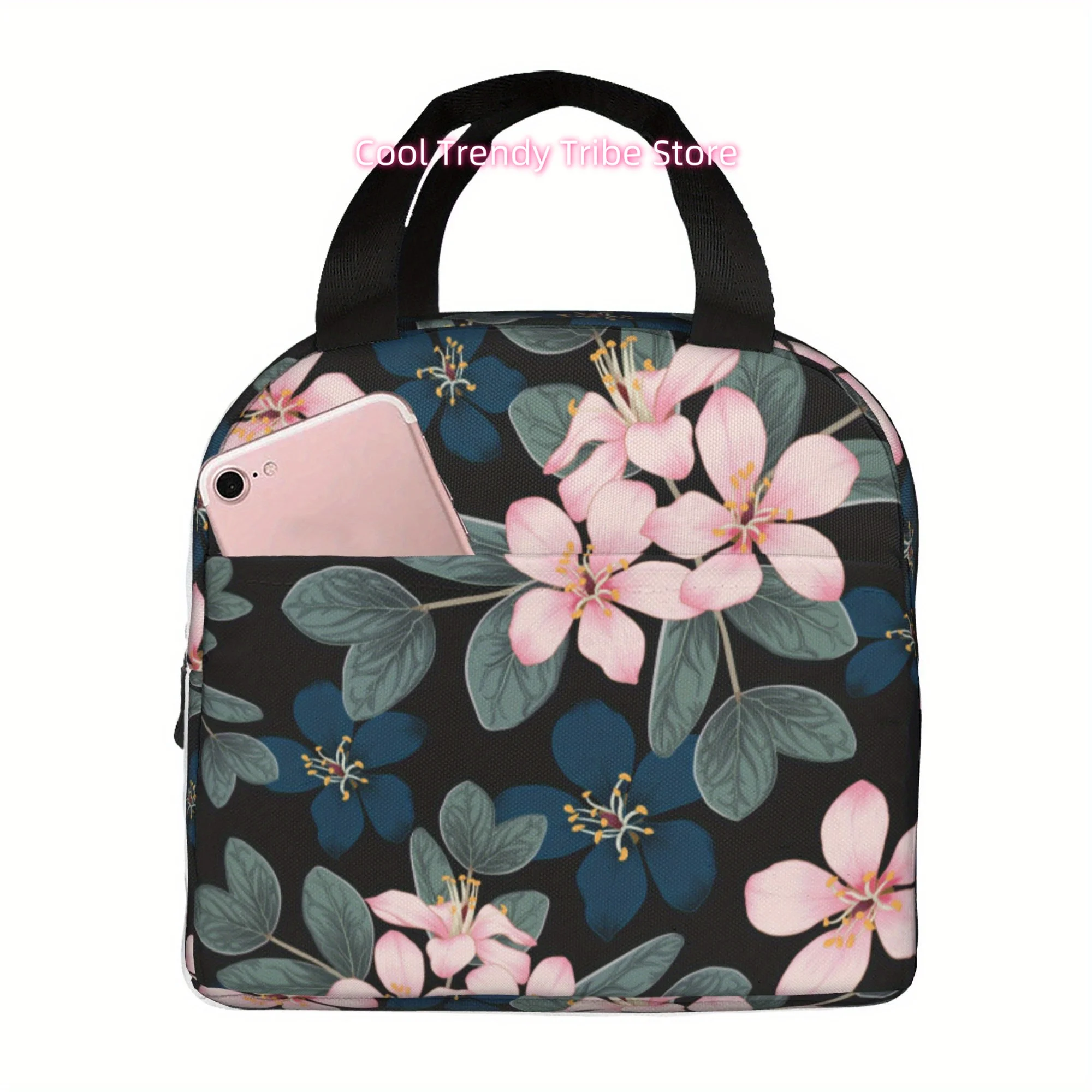 1pc Floral Pattern Portable Reusable Cooler Bag - Black with Pink and White Flowers, Non-Food Contact, Ideal for Office, Outdoor