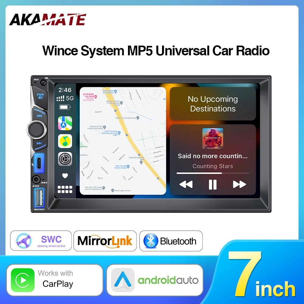 

7-дюймовый автомобильный радиоприемник, проводной CarPlay, GPS-навигатор, проводной Android Auto Mirrorlink, авторадио, автомобильная стереосистема Wince, MP5-плеер, 2Din