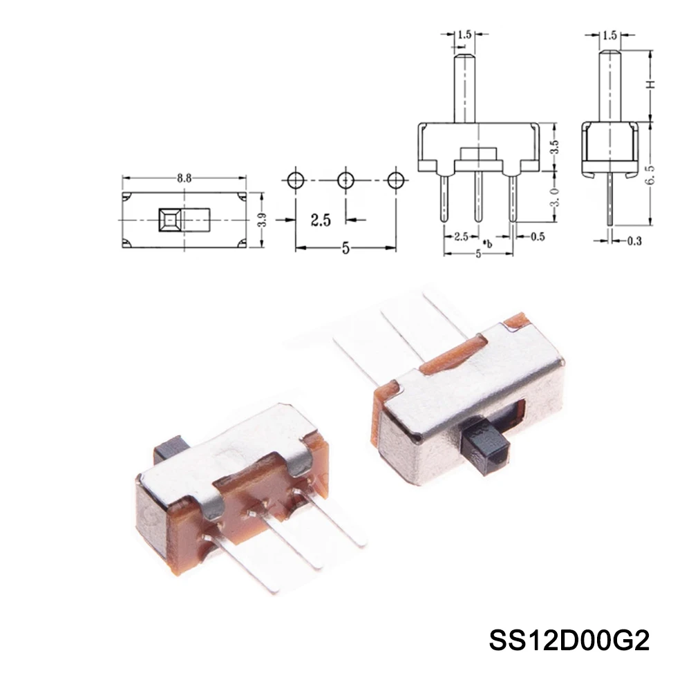 20PCS SK12D07VG2/3/4/5/6 SS12D SS12F Miniature Slide Switch SPDT 3 Pin PCB 2 Position 1P2T Side Knob Handle High 2/3/4/5/6mm