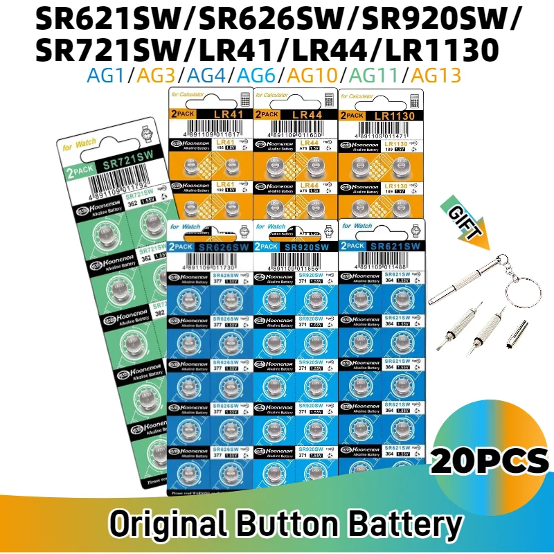 

Hot 20PCS AG13 AG3 AG4 AG10 1.55V Alkaline Button Batteries LR41 LR1130 LR626 SR621SW SR626SW SR920SW SR721SW Watches Cell Coin
