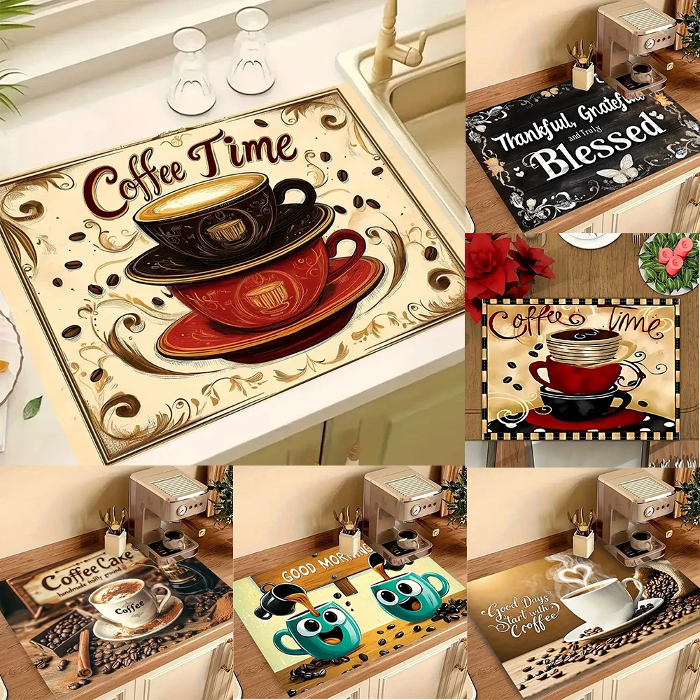 Küchen-Trockenmatte mit Kaffee-Motiv, mit Retro-Kaffeetassen, Bohnen-Drucken, saugfähige, rutschfeste, schnell trocknende, langlebige Matte für Kaffeestation