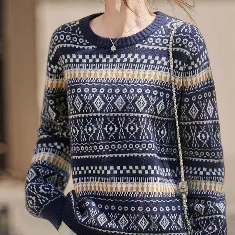 

Женская одежда, винтажные универсальные вязаные пуловеры с геометрическим рисунком, осень-зима, новые повседневные свободные свитера с круглым вырезом и длинными рукавами, женский топ